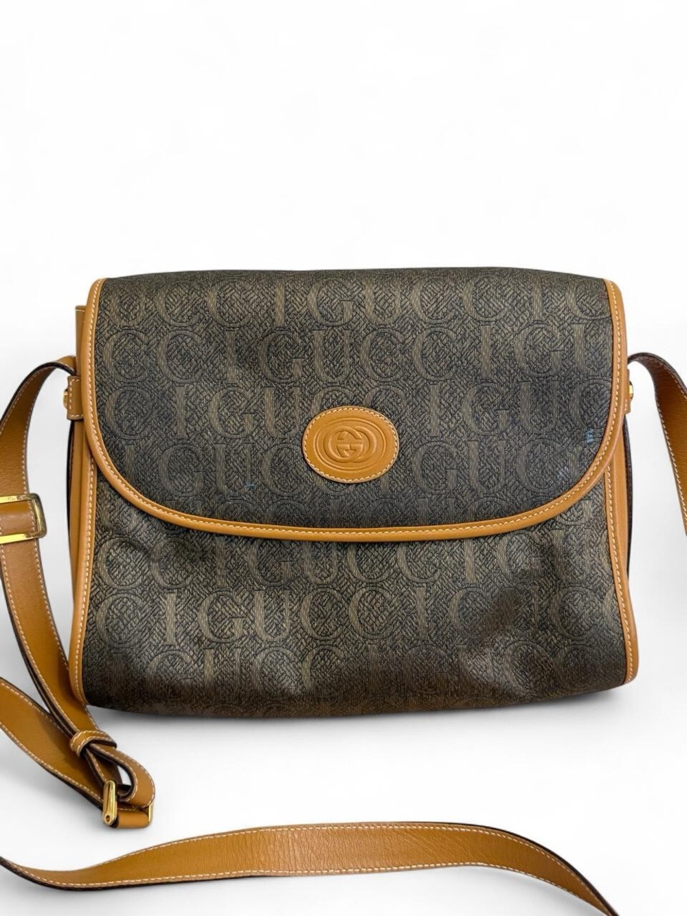 Gucci Brown Monogram Crossbody with Tan Leather Trim